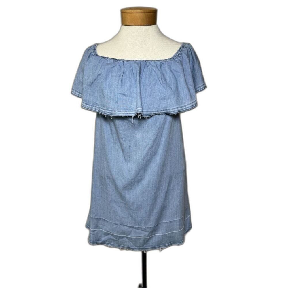 7 For All Mankind Off Shoulder Ruffled Chambray Shift Dress XS NWT MSRP $199